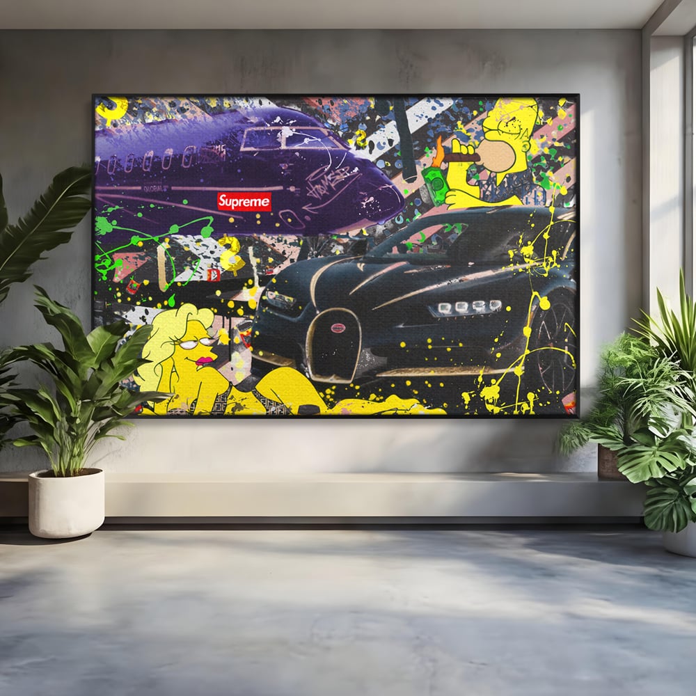 Tablou canvas cu tablou canvas cu homer simpson si masina de lux, in rama de aluminiu negru