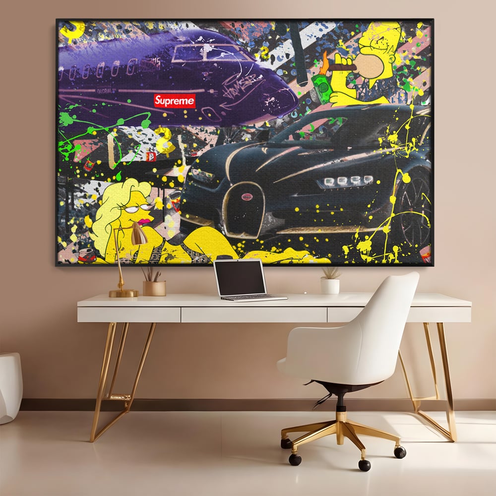 Tablou canvas cu tablou canvas cu homer simpson si masina de lux, in rama de aluminiu negru, pe perete intr-un birou