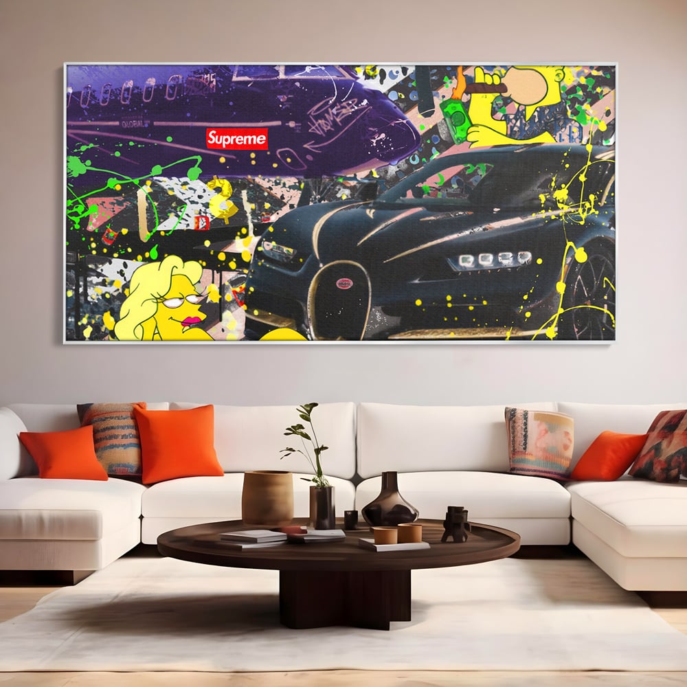 Tablou canvas cu tablou canvas cu homer simpson si masina de lux, in rama de aluminiu argintiu, pe perete intr-un living