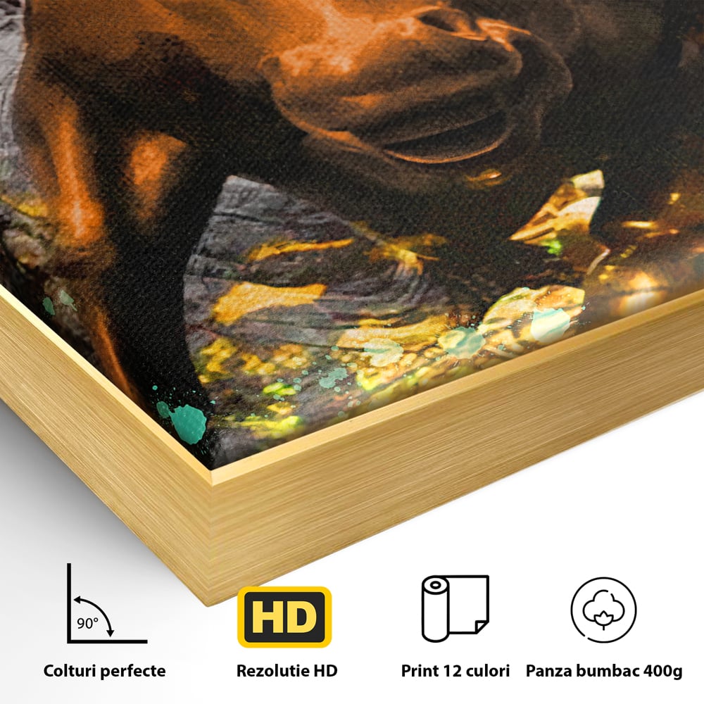 Detaliu al suprafetei: tablou canvas cu taur si dolar, in rama de aluminiu auriu