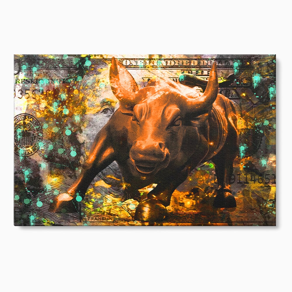 Tablou canvas cu tablou canvas cu taur si dolar, fara rama, pe sasiu de lemn