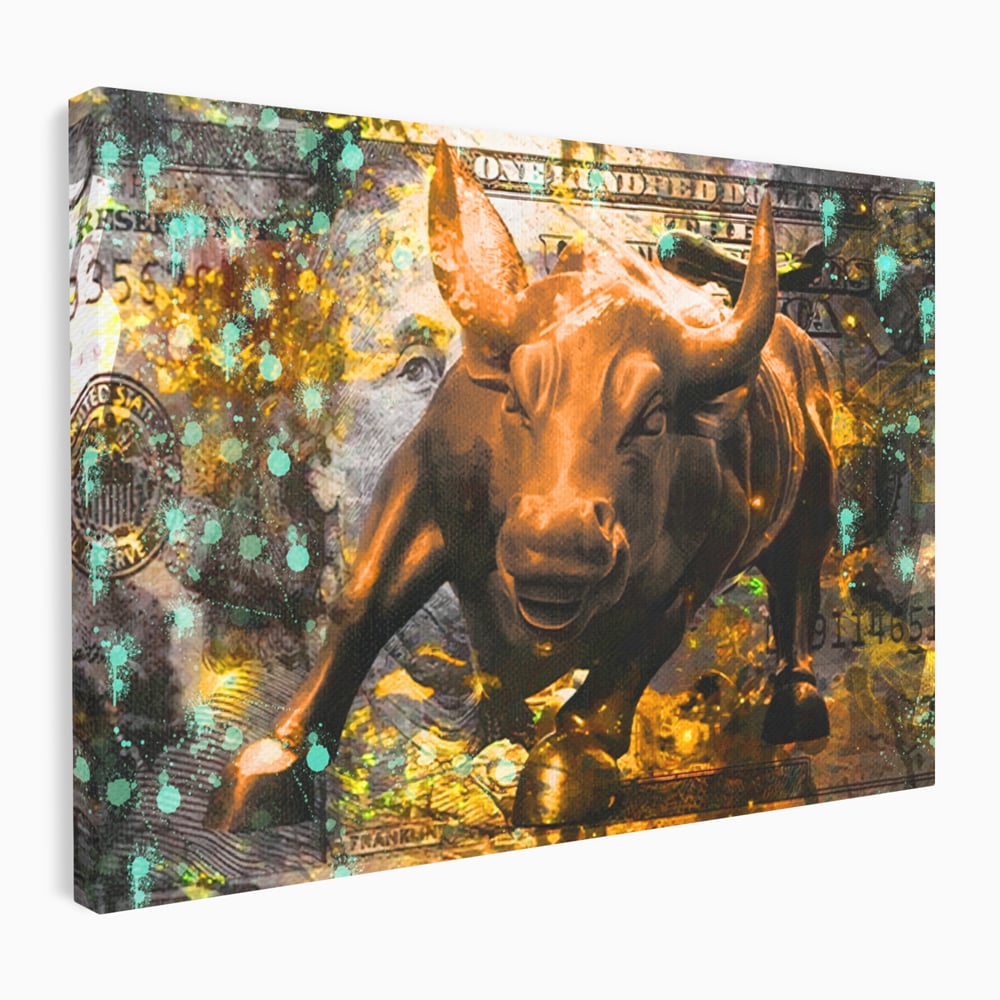 Tablou canvas cu tablou canvas cu taur si dolar, fara rama, pe sasiu de lemn