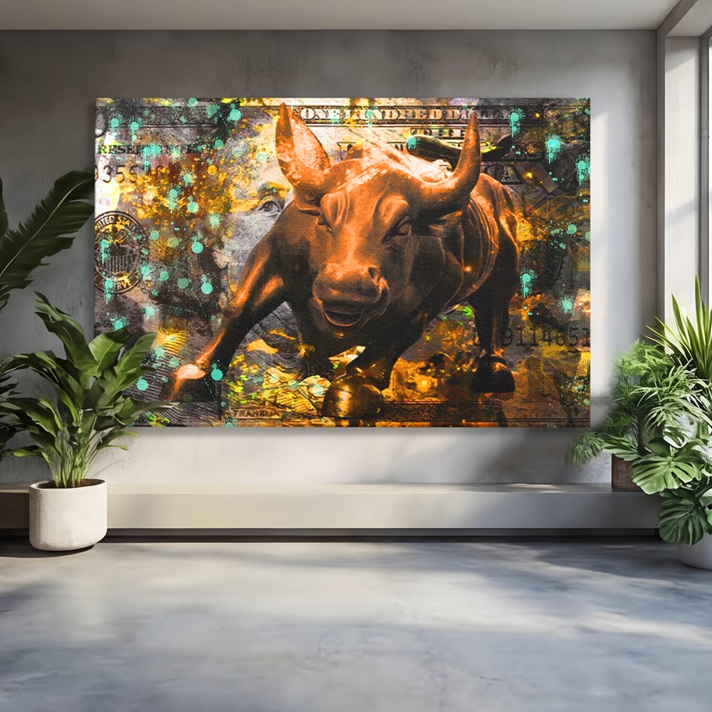 Tablou canvas cu tablou canvas cu taur si dolar, fara rama, pe sasiu de lemn