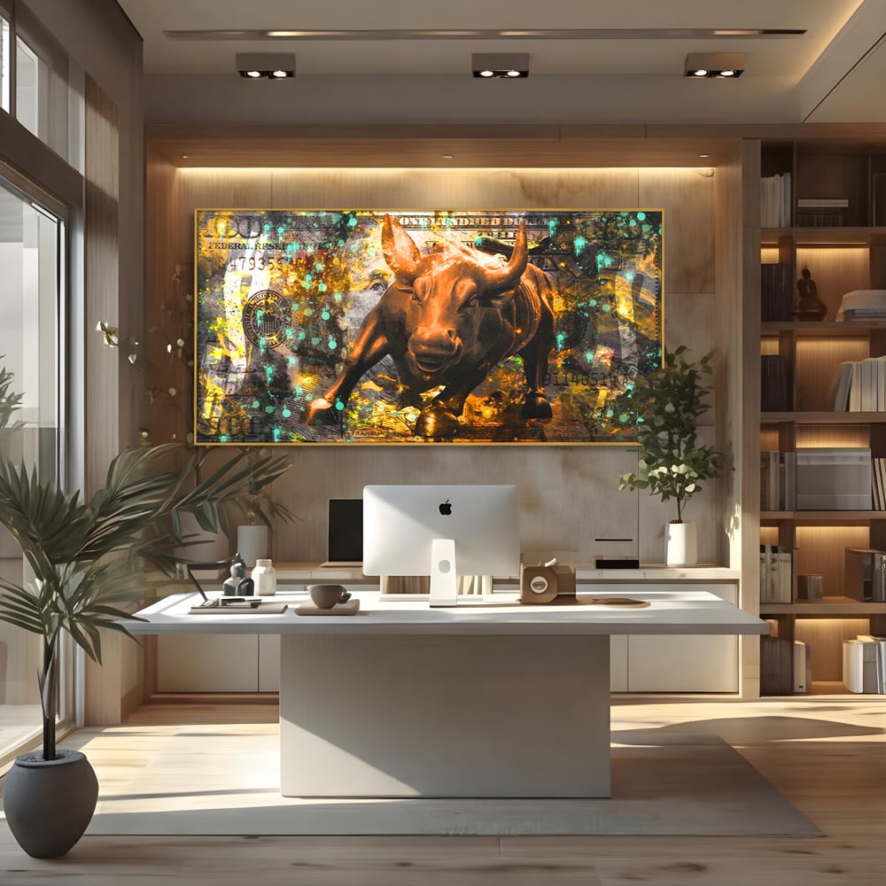 Tablou canvas cu tablou canvas cu taur si dolar, in rama de aluminiu auriu, pe perete intr-un birou