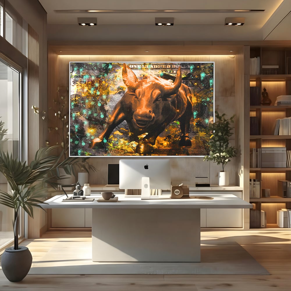 Tablou canvas cu tablou canvas cu taur si dolar, in rama de aluminiu argintiu, pe perete intr-un birou