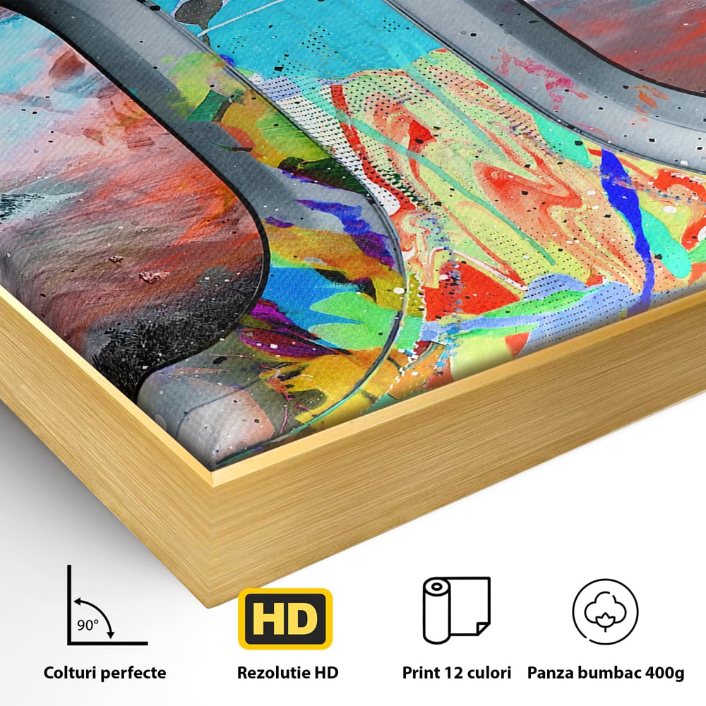 Detaliu al suprafetei: tablou canvas cu ferestre de avion si graffiti, in rama de aluminiu auriu