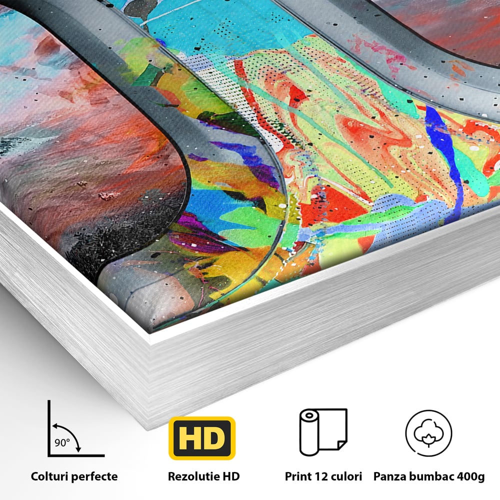 Detaliu al suprafetei: tablou canvas cu ferestre de avion si graffiti, in rama de aluminiu argintiu