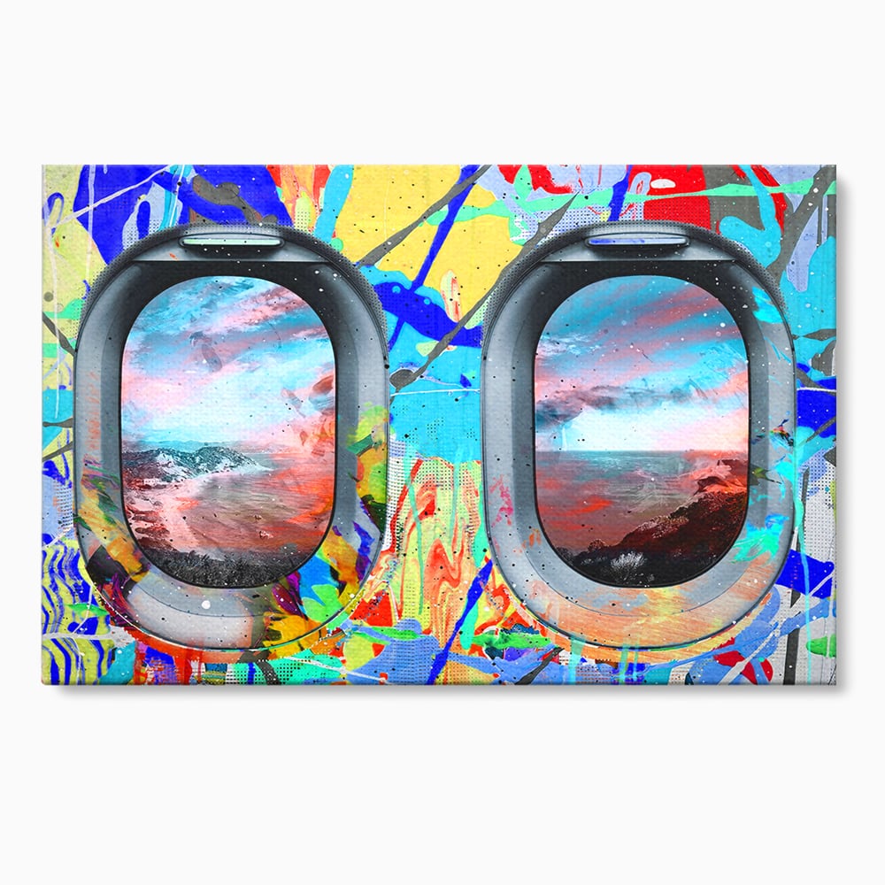 Tablou canvas cu tablou canvas cu ferestre de avion si graffiti, fara rama, pe sasiu de lemn