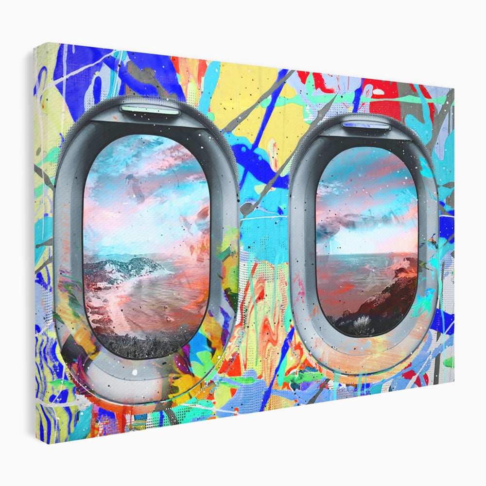 Tablou canvas cu tablou canvas cu ferestre de avion si graffiti, fara rama, pe sasiu de lemn