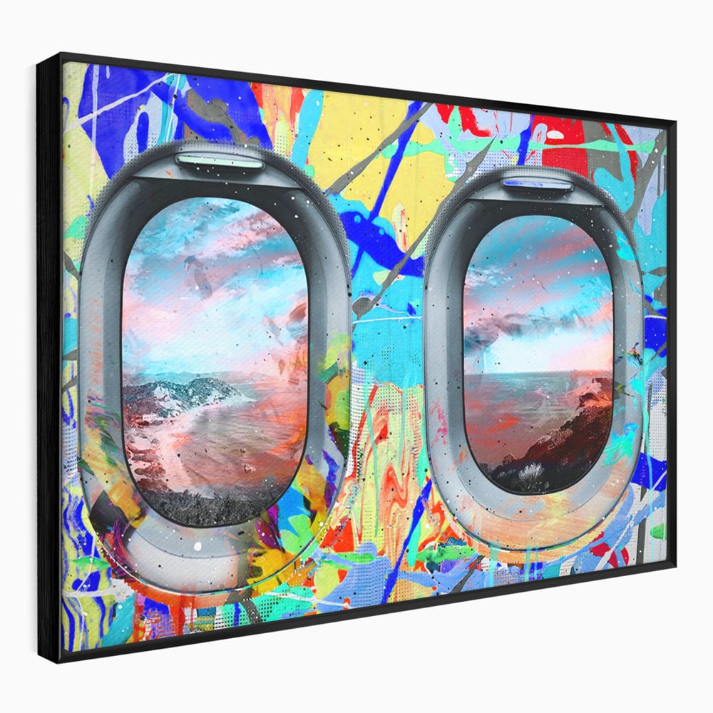 Tablou canvas cu tablou canvas cu ferestre de avion si graffiti, in rama de aluminiu negru