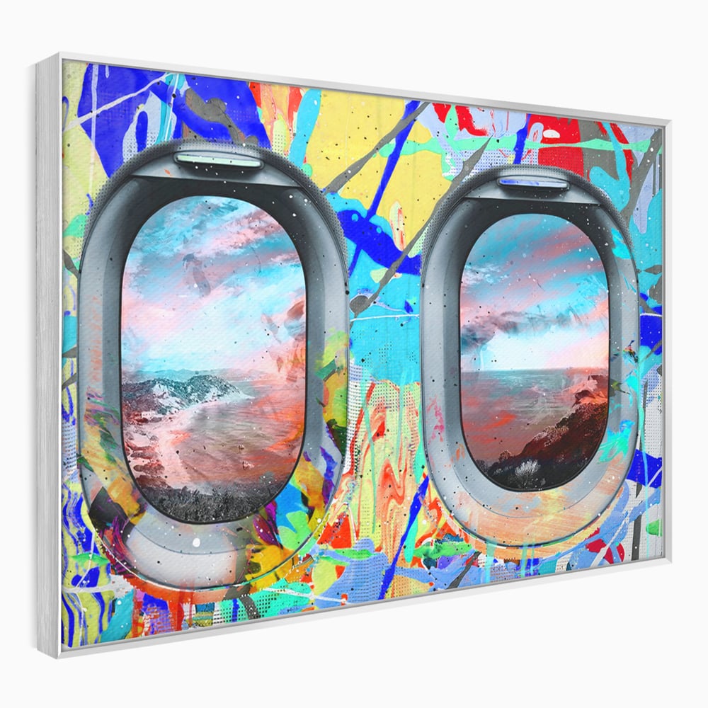 Tablou canvas cu tablou canvas cu ferestre de avion si graffiti, in rama de aluminiu argintiu