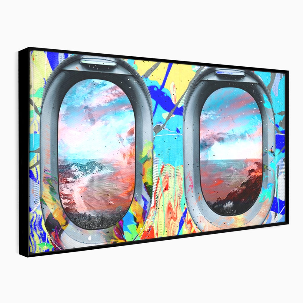 Tablou canvas cu tablou canvas cu ferestre de avion si graffiti, in rama de aluminiu negru