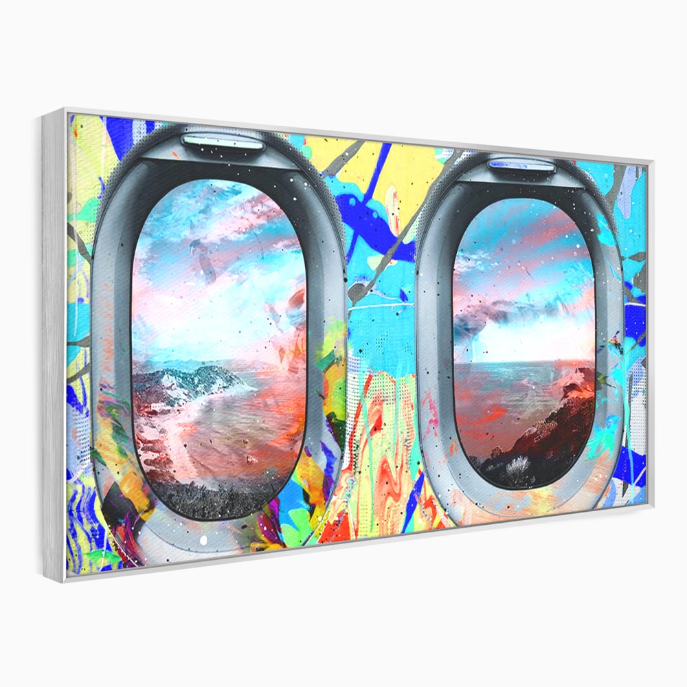 Tablou canvas cu tablou canvas cu ferestre de avion si graffiti, in rama de aluminiu argintiu