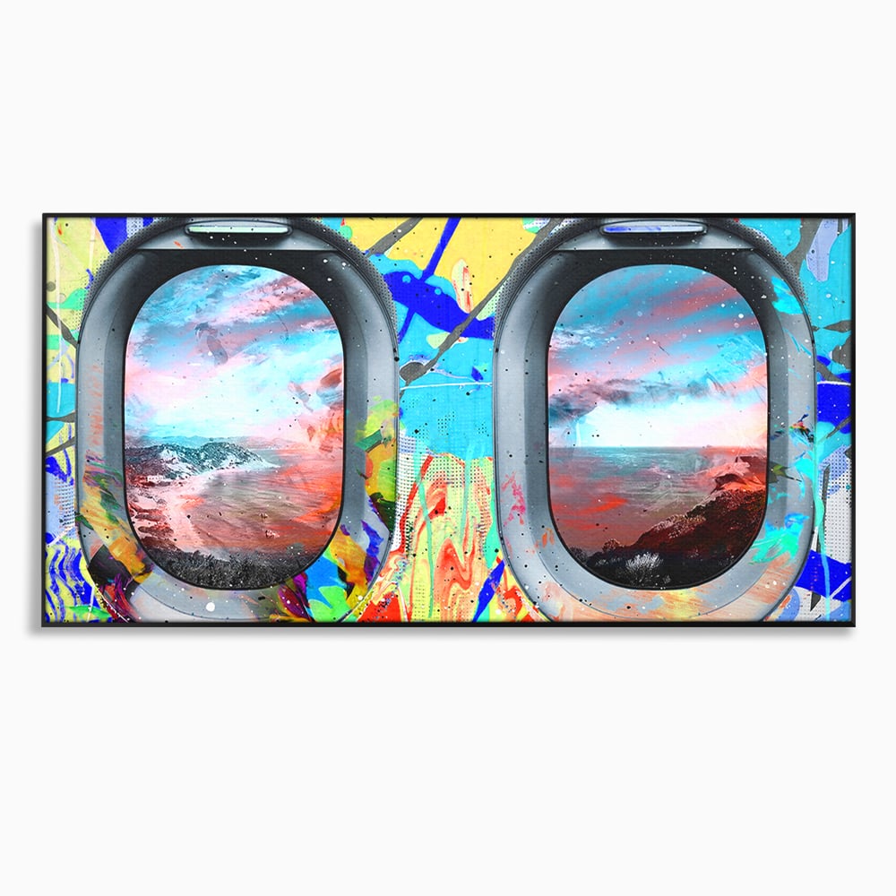 Tablou canvas cu tablou canvas cu ferestre de avion si graffiti, in rama de aluminiu negru