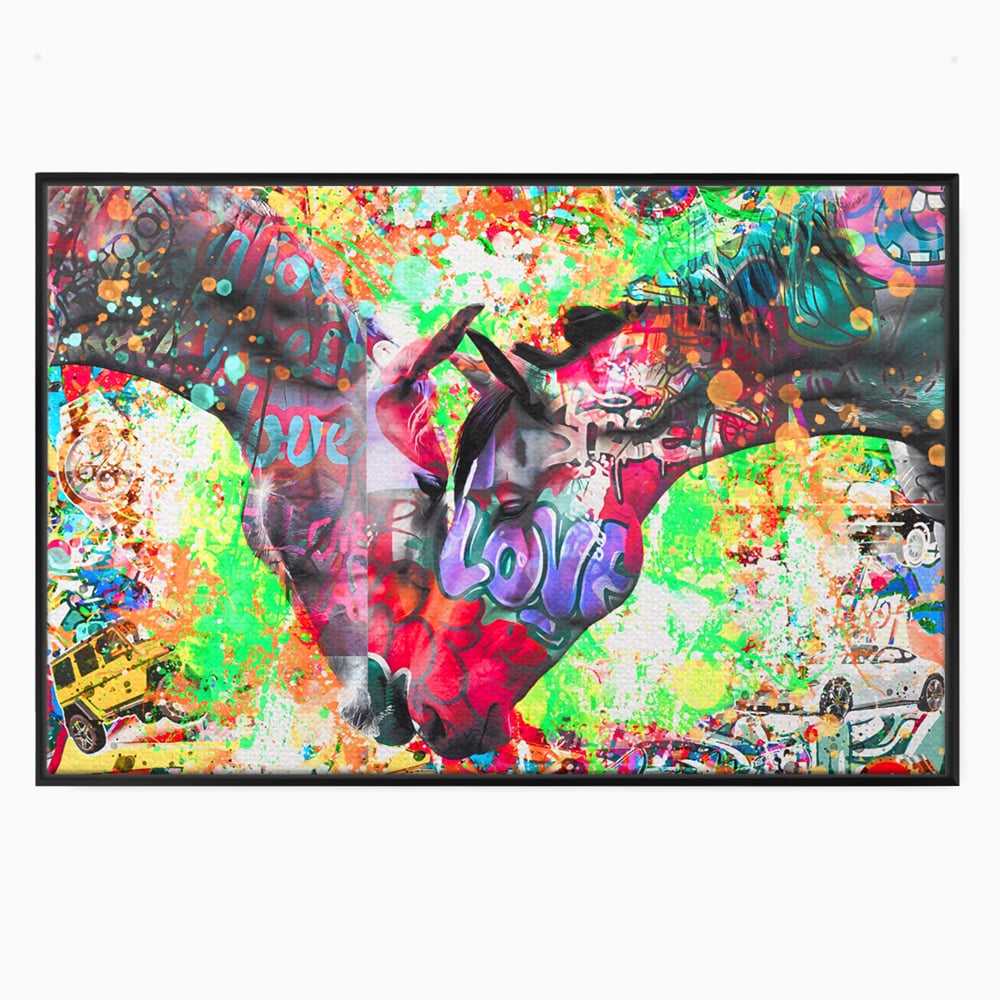 Tablou canvas cu tablou canvas cu doi cai si graffiti colorat, in rama de aluminiu negru