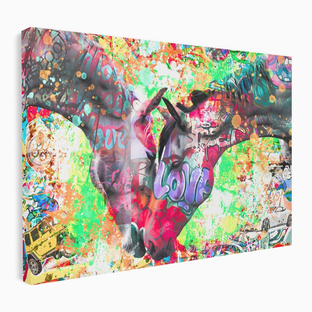 Tablou canvas cu tablou canvas cu doi cai si graffiti colorat, fara rama, pe sasiu de lemn