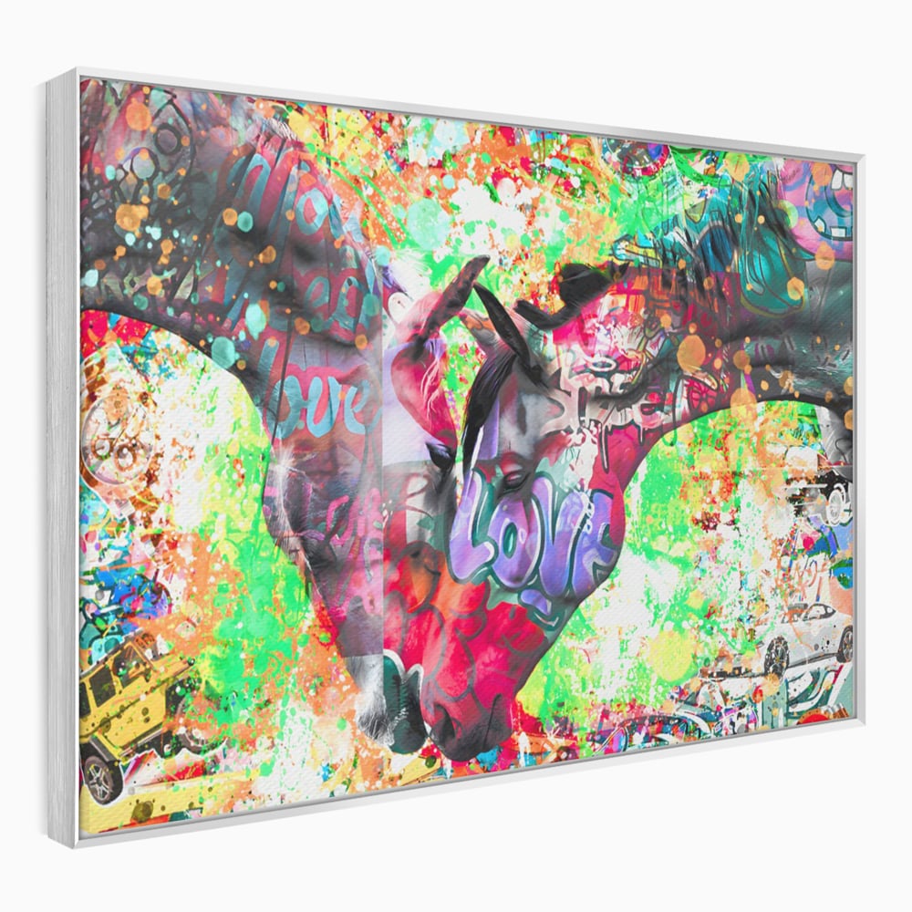 Tablou canvas cu tablou canvas cu doi cai si graffiti colorat, in rama de aluminiu argintiu