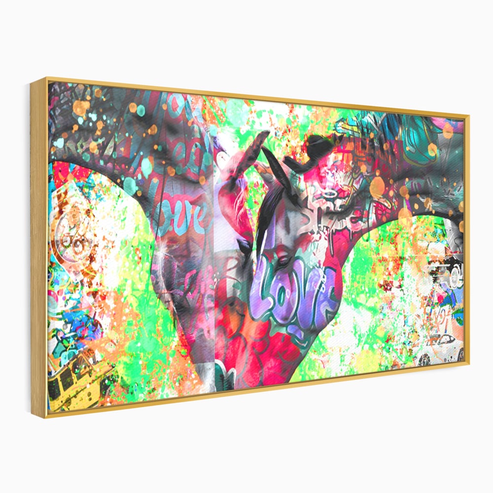 Tablou canvas cu tablou canvas cu doi cai si graffiti colorat, in rama de aluminiu auriu