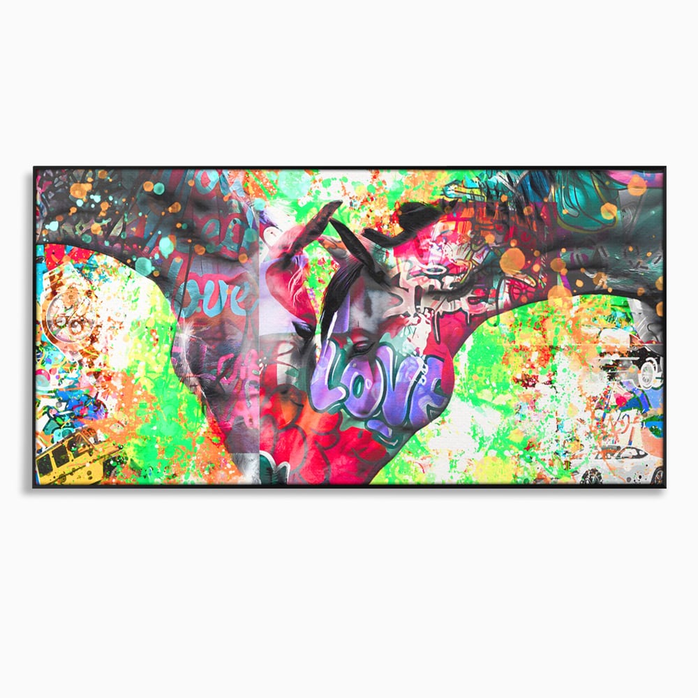 Tablou canvas cu tablou canvas cu doi cai si graffiti colorat, in rama de aluminiu negru