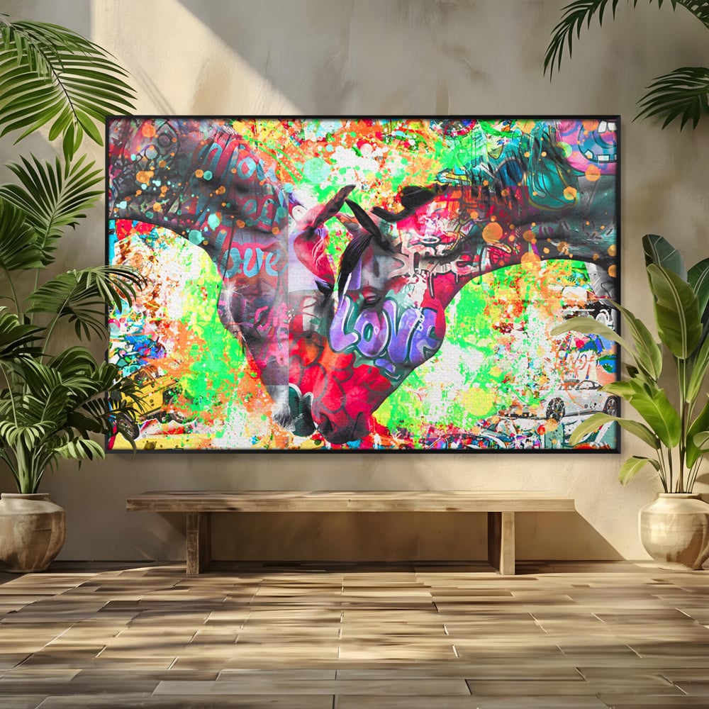 Tablou canvas cu tablou canvas cu doi cai si graffiti colorat, in rama de aluminiu negru