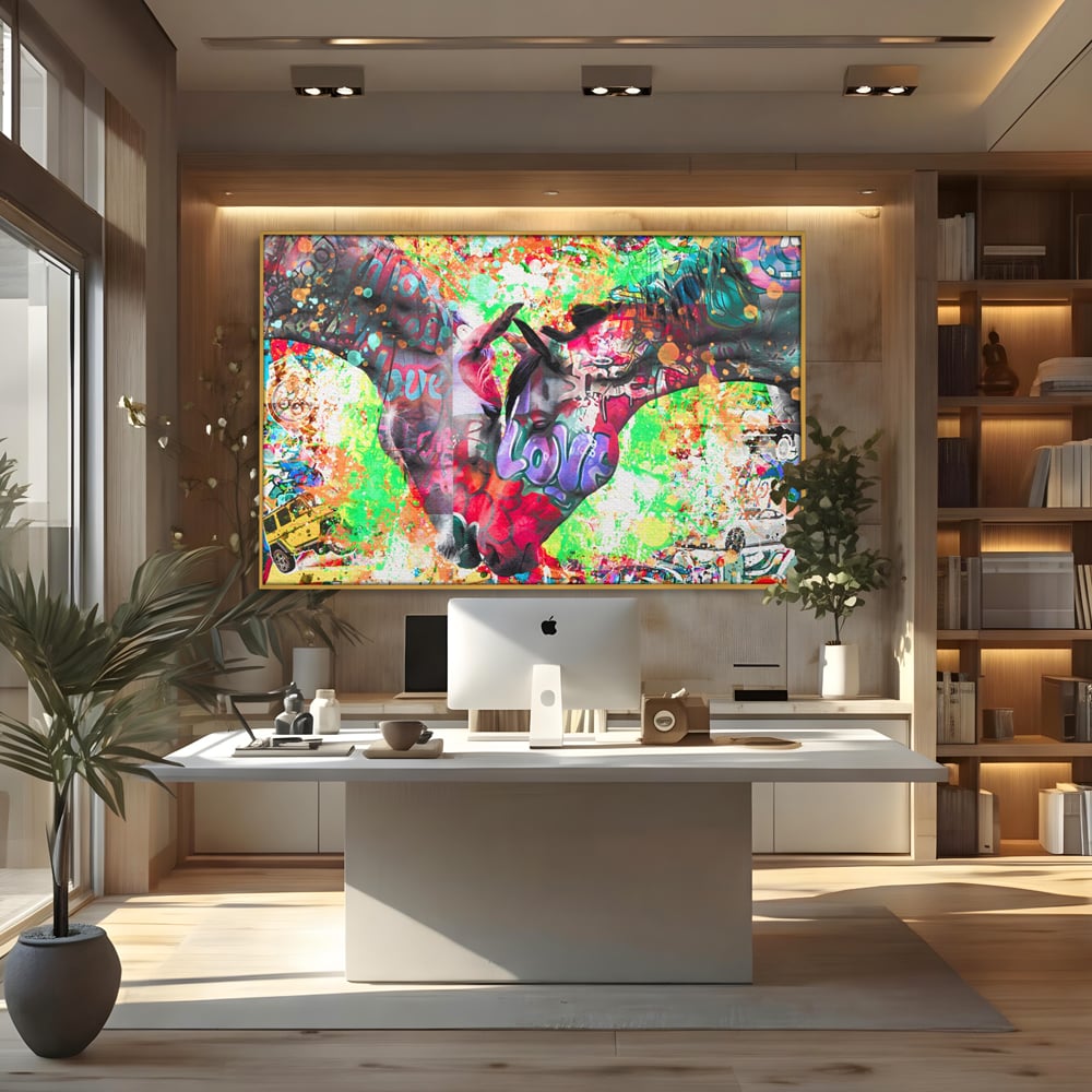 Tablou canvas cu tablou canvas cu doi cai si graffiti colorat, in rama de aluminiu auriu, pe perete intr-un birou