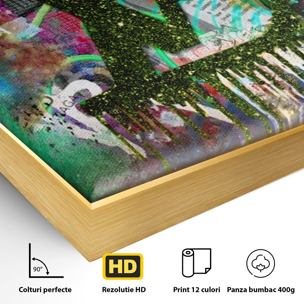 Detaliu al suprafetei: tablou canvas cu monograma si graffiti, in rama de aluminiu auriu