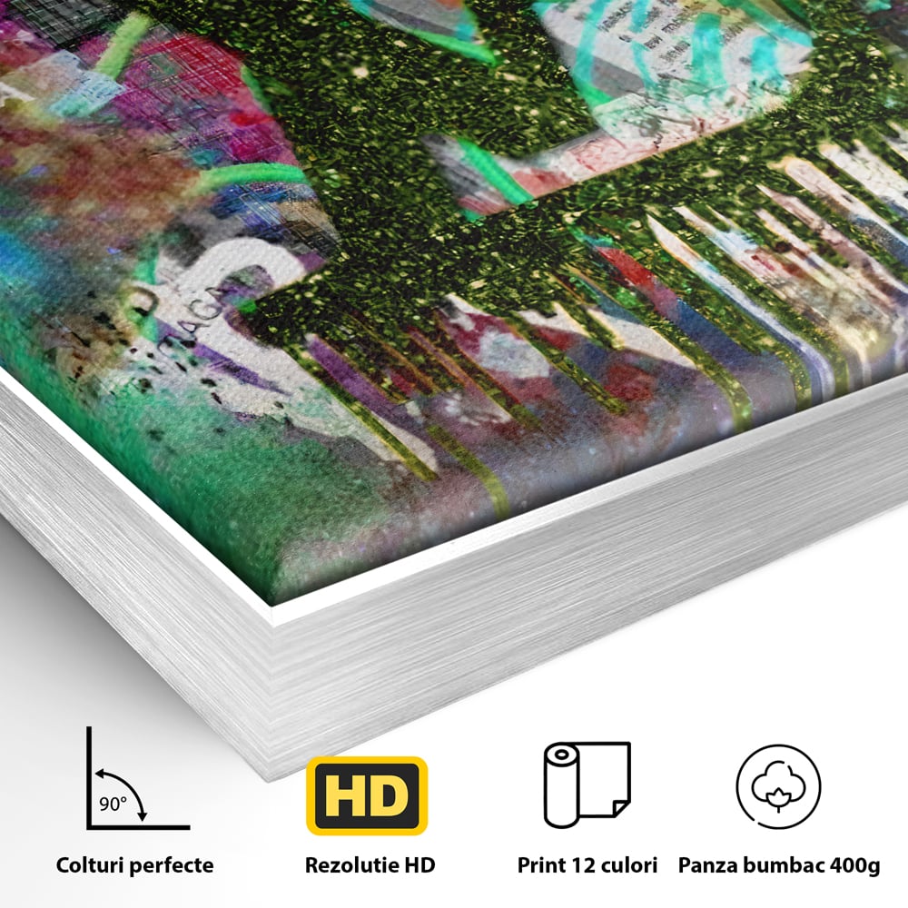 Detaliu al suprafetei: tablou canvas cu monograma si graffiti, in rama de aluminiu argintiu