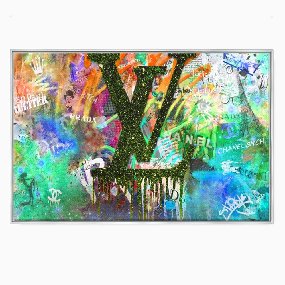 Tablou canvas cu tablou canvas cu monograma si graffiti, in rama de aluminiu argintiu