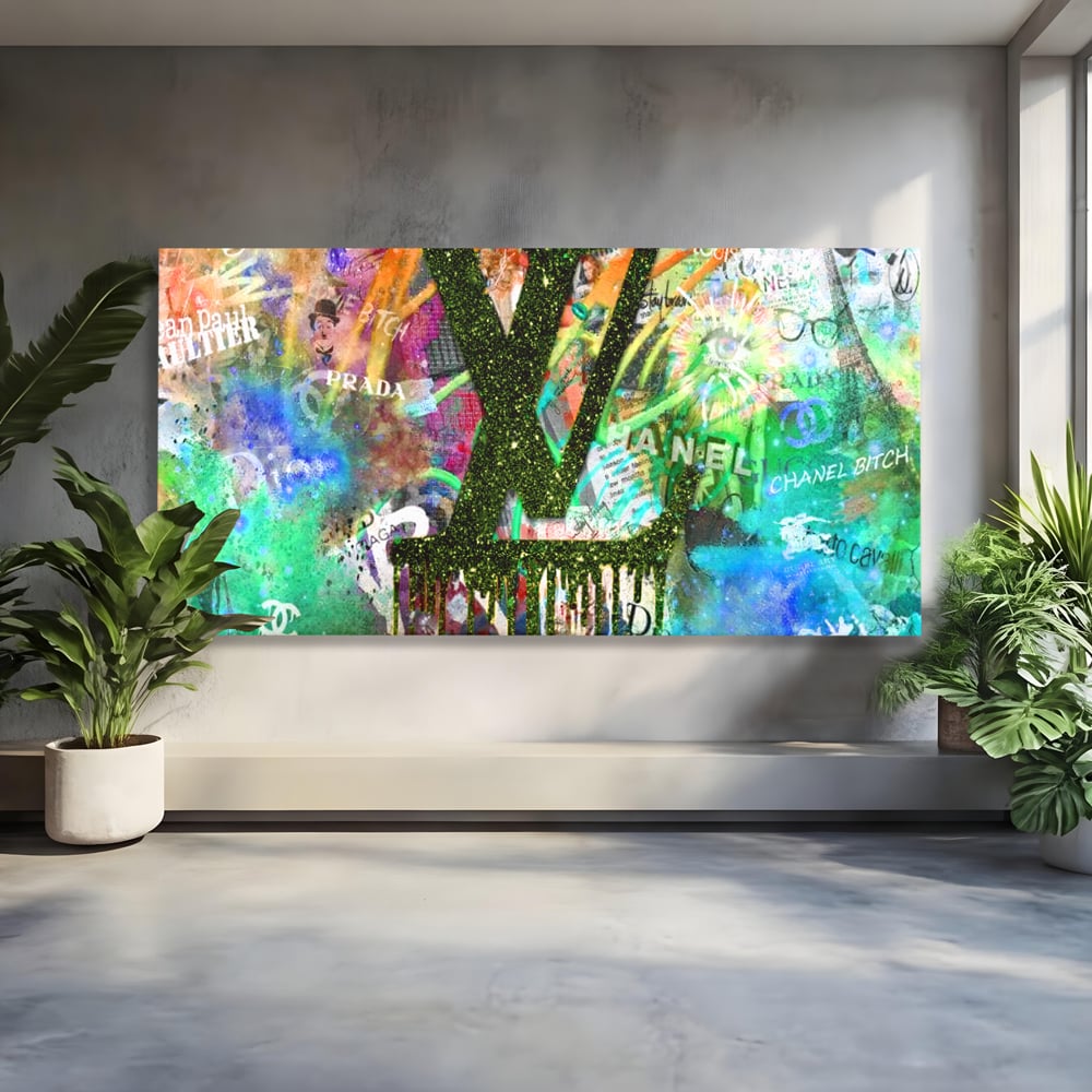 Tablou canvas cu tablou canvas cu monograma si graffiti, fara rama, pe sasiu de lemn