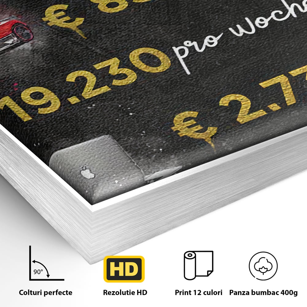 Detaliu al suprafetei: tablou canvas cu elemente financiare si bunuri de lux, in rama de aluminiu argintiu