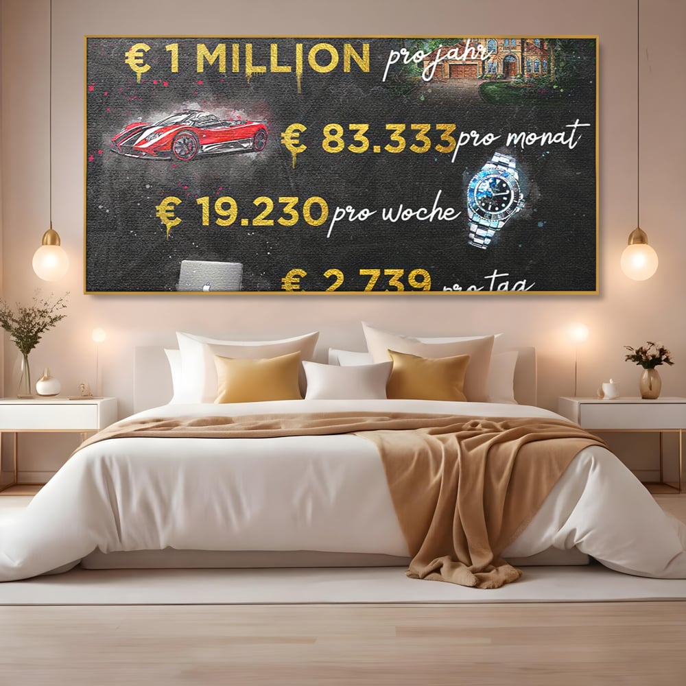 Tablou canvas cu tablou canvas cu elemente financiare si bunuri de lux, in rama de aluminiu auriu, pe perete intr-un dormitor