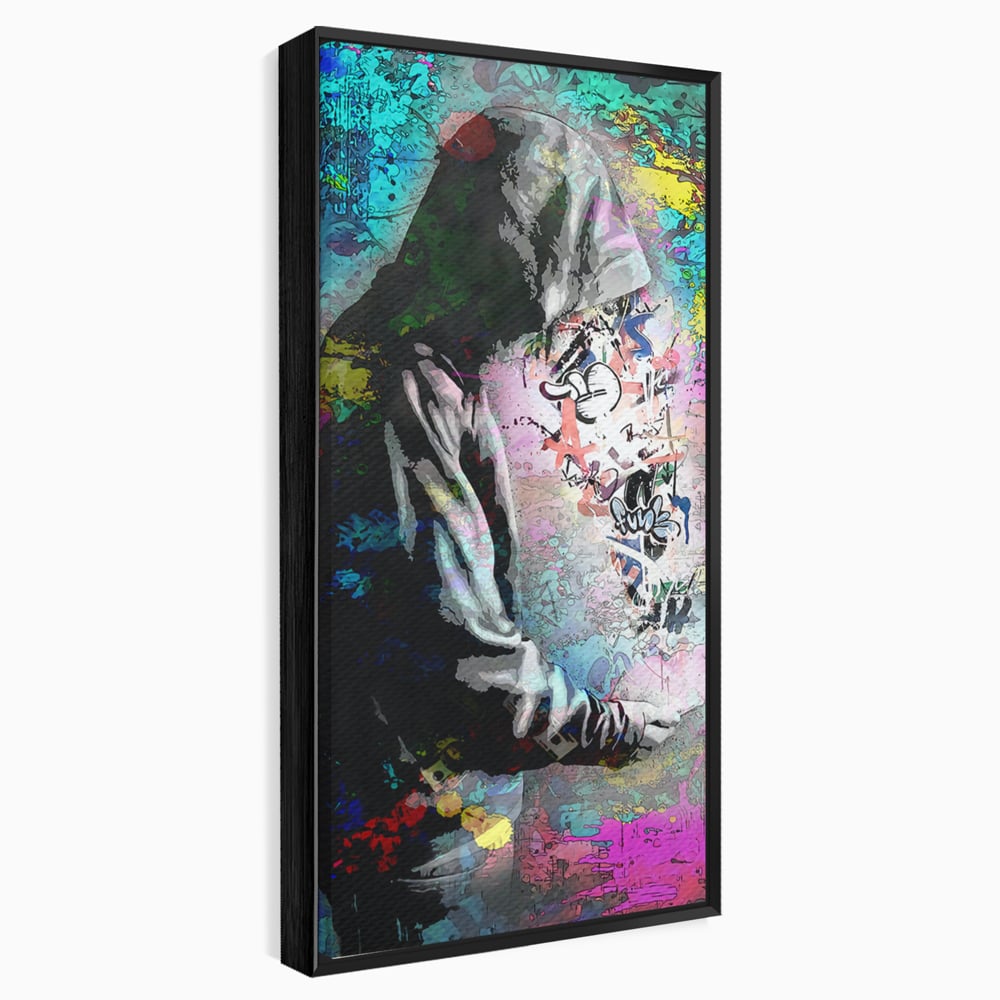 Tablou canvas cu tablou canvas cu baiat in hanorac, in rama de aluminiu negru