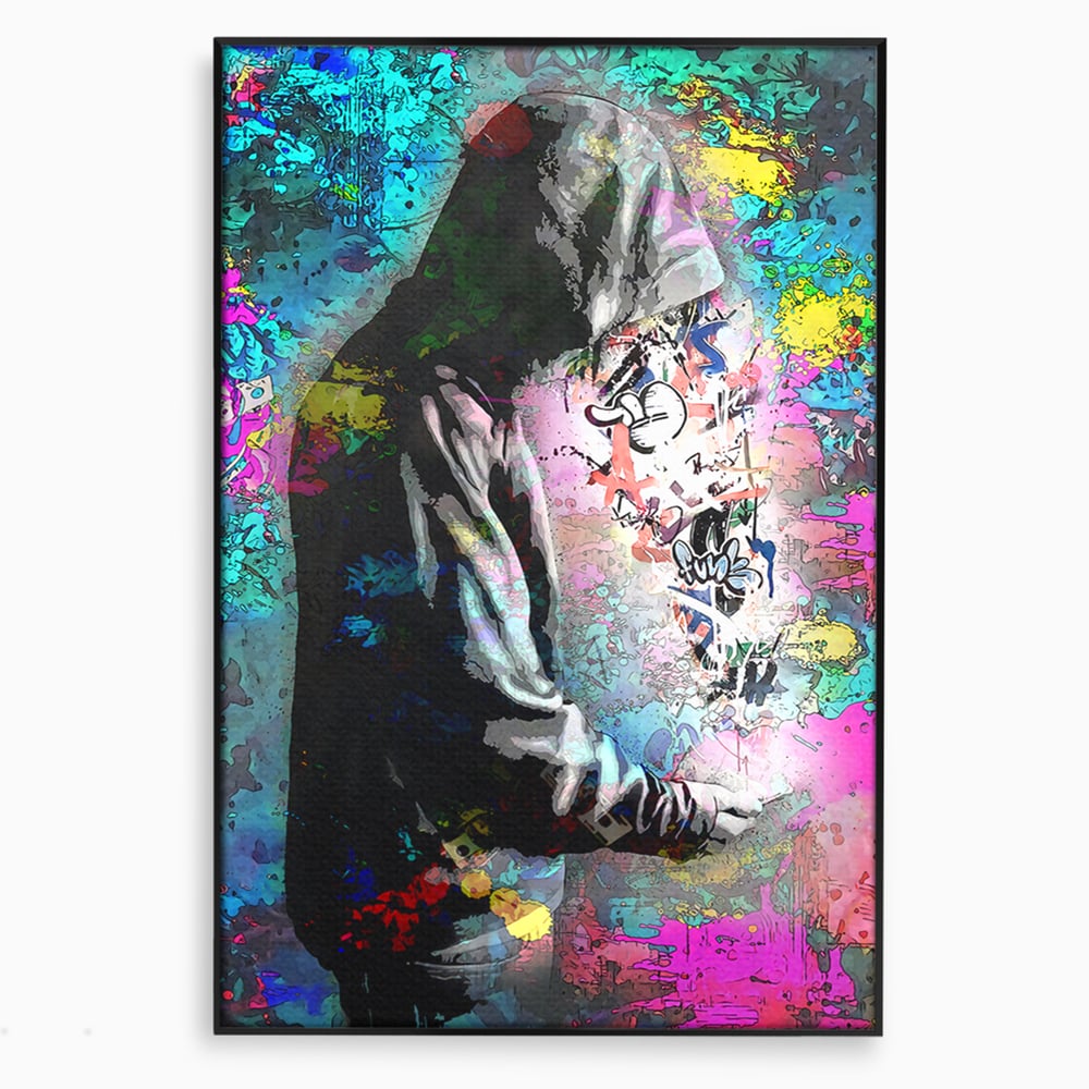 Tablou canvas cu tablou canvas cu baiat in hanorac, in rama de aluminiu negru
