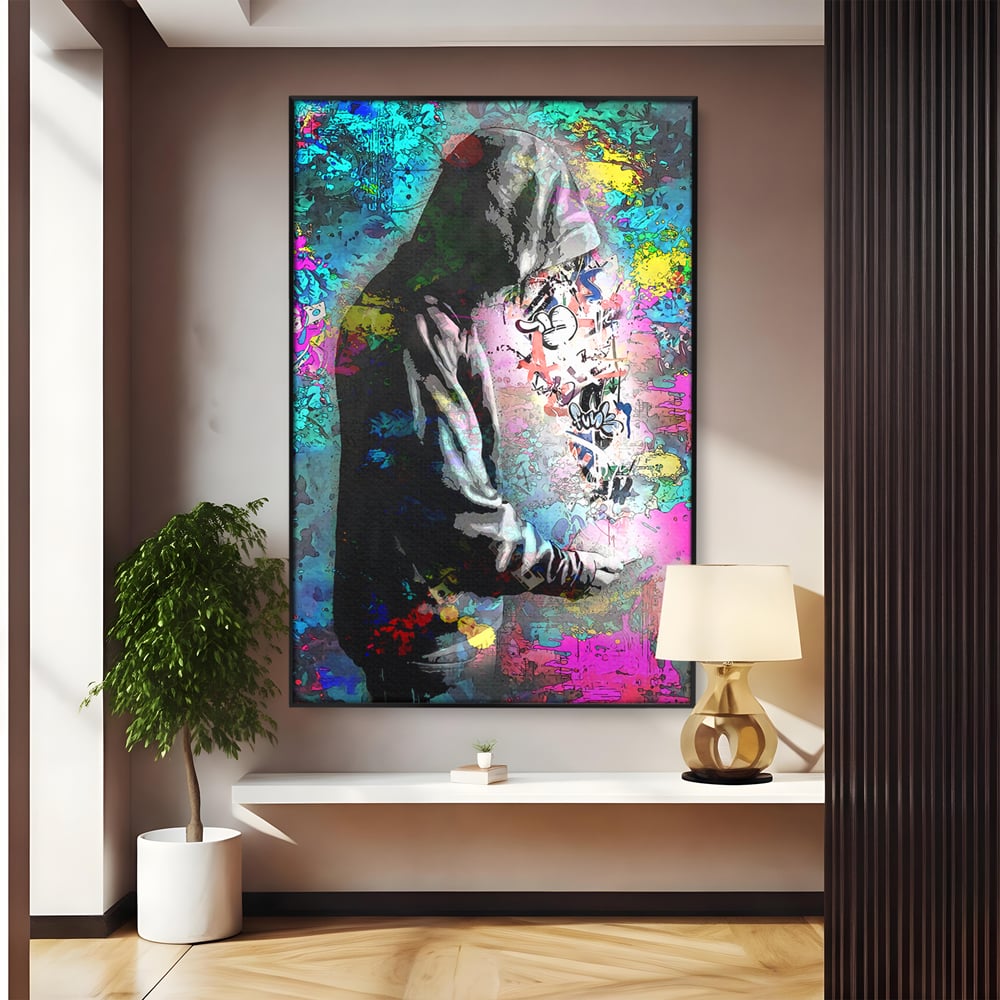 Tablou canvas cu tablou canvas cu baiat in hanorac, in rama de aluminiu negru