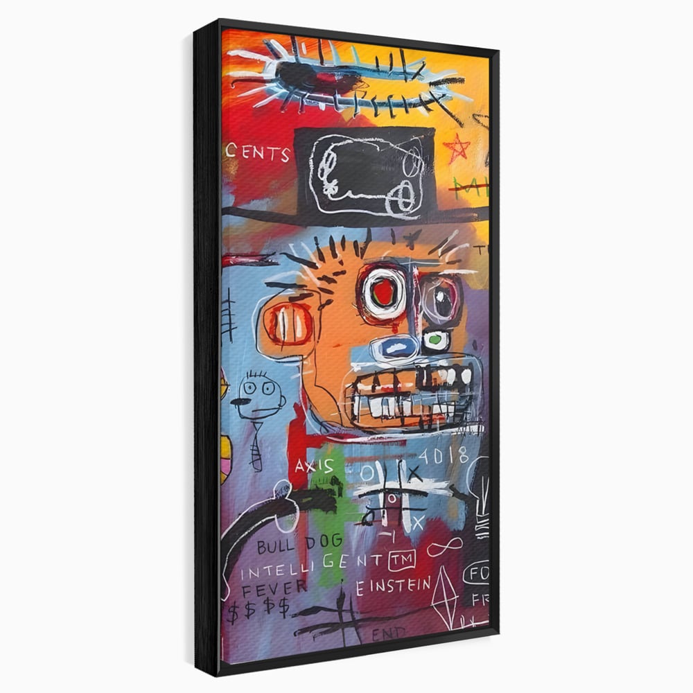 Tablou canvas cu tablou abstract cu portret si inscriptii, in rama de aluminiu negru