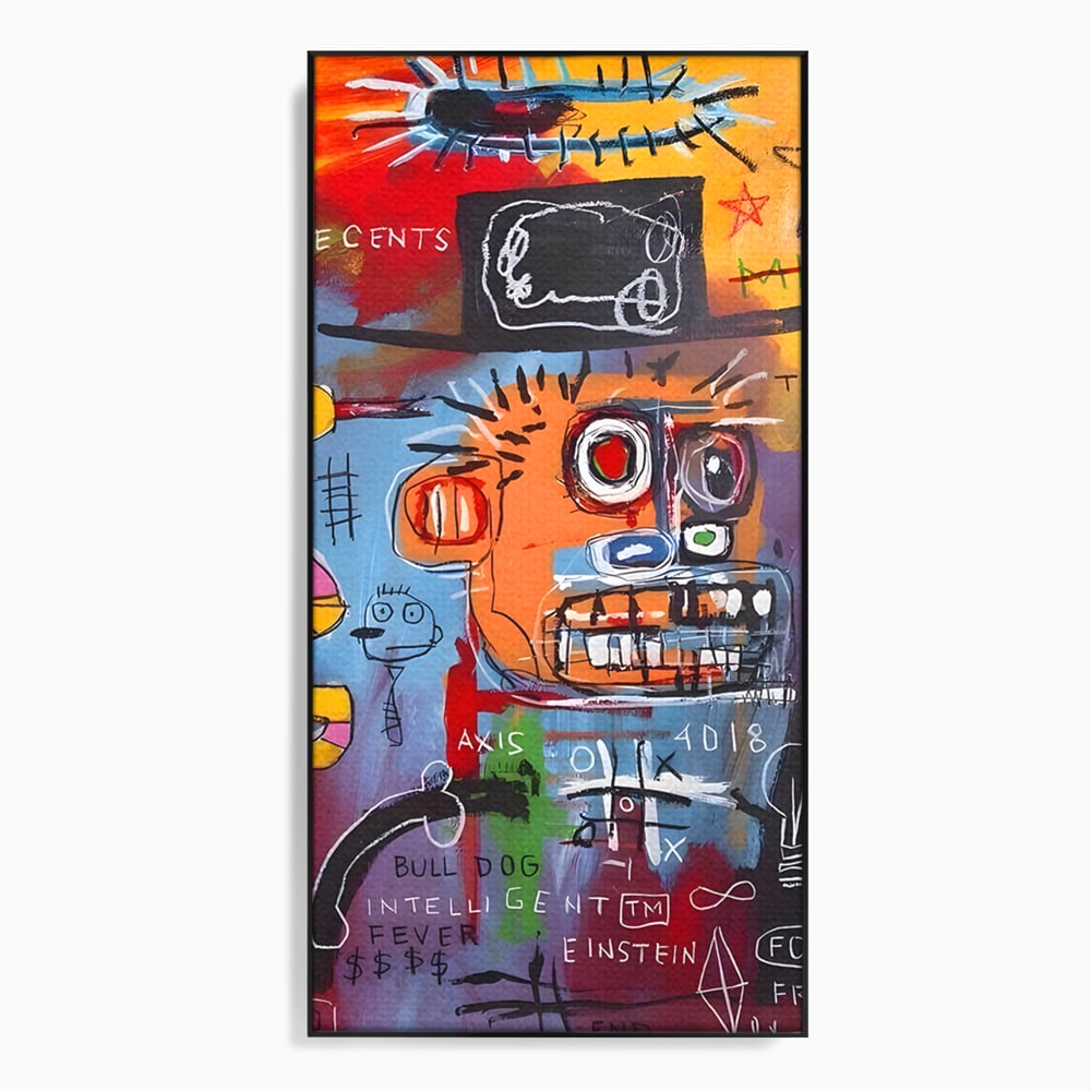 Tablou canvas cu tablou abstract cu portret si inscriptii, in rama de aluminiu negru