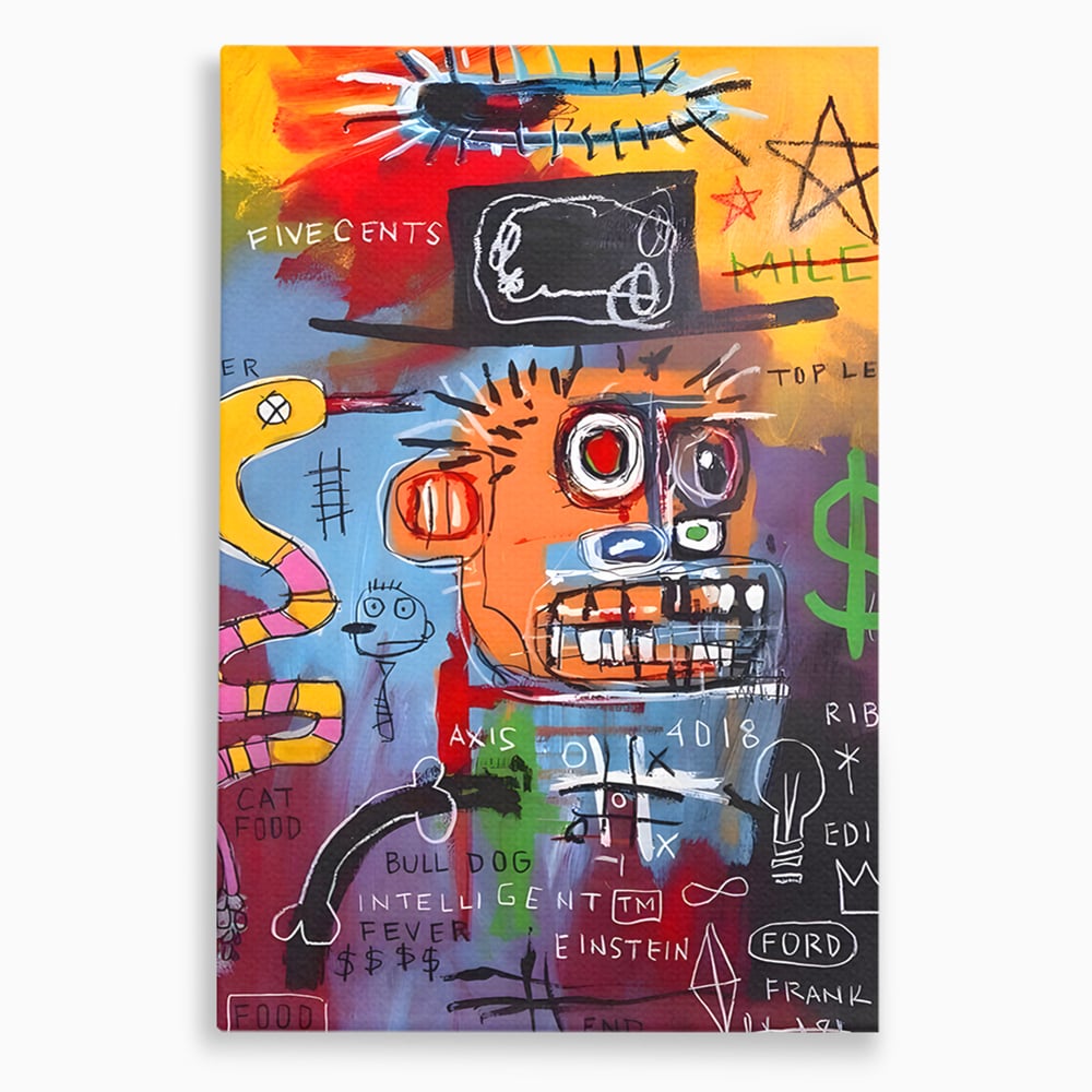 Tablou canvas cu tablou abstract cu portret si inscriptii, fara rama, pe sasiu de lemn