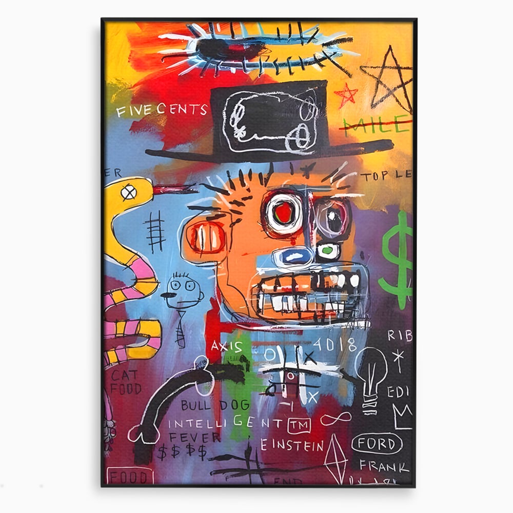 Tablou canvas cu tablou abstract cu portret si inscriptii, in rama de aluminiu negru