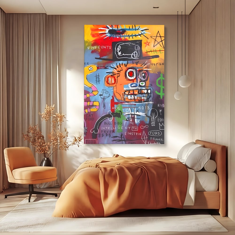 Tablou canvas cu tablou abstract cu portret si inscriptii, fara rama, pe sasiu de lemn, pe perete intr-un dormitor