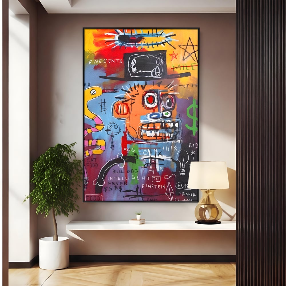 Tablou canvas cu tablou abstract cu portret si inscriptii, in rama de aluminiu negru