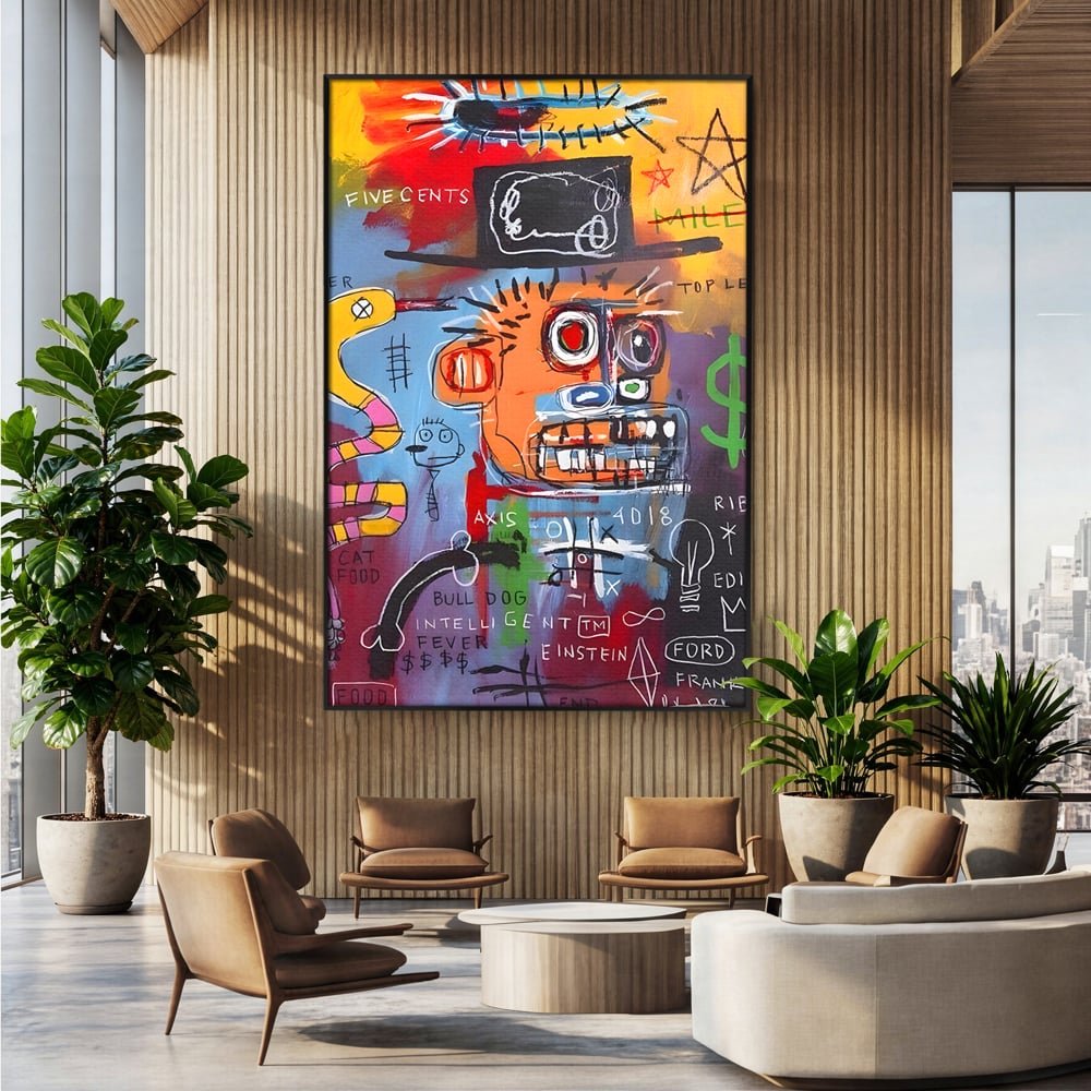 Tablou canvas cu tablou abstract cu portret si inscriptii, in rama de aluminiu negru, pe perete intr-un birou