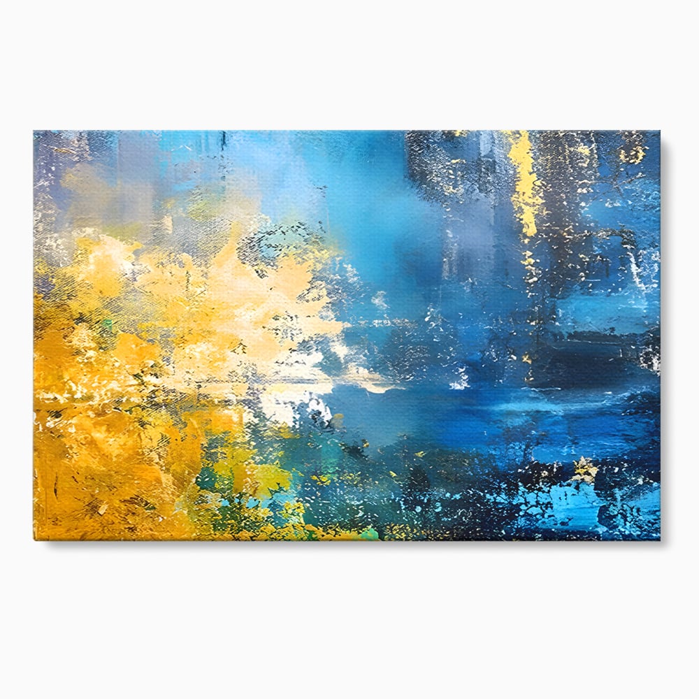 Tablou canvas cu pictura abstracta cu valuri aurii si albastre, fara rama, pe sasiu de lemn
