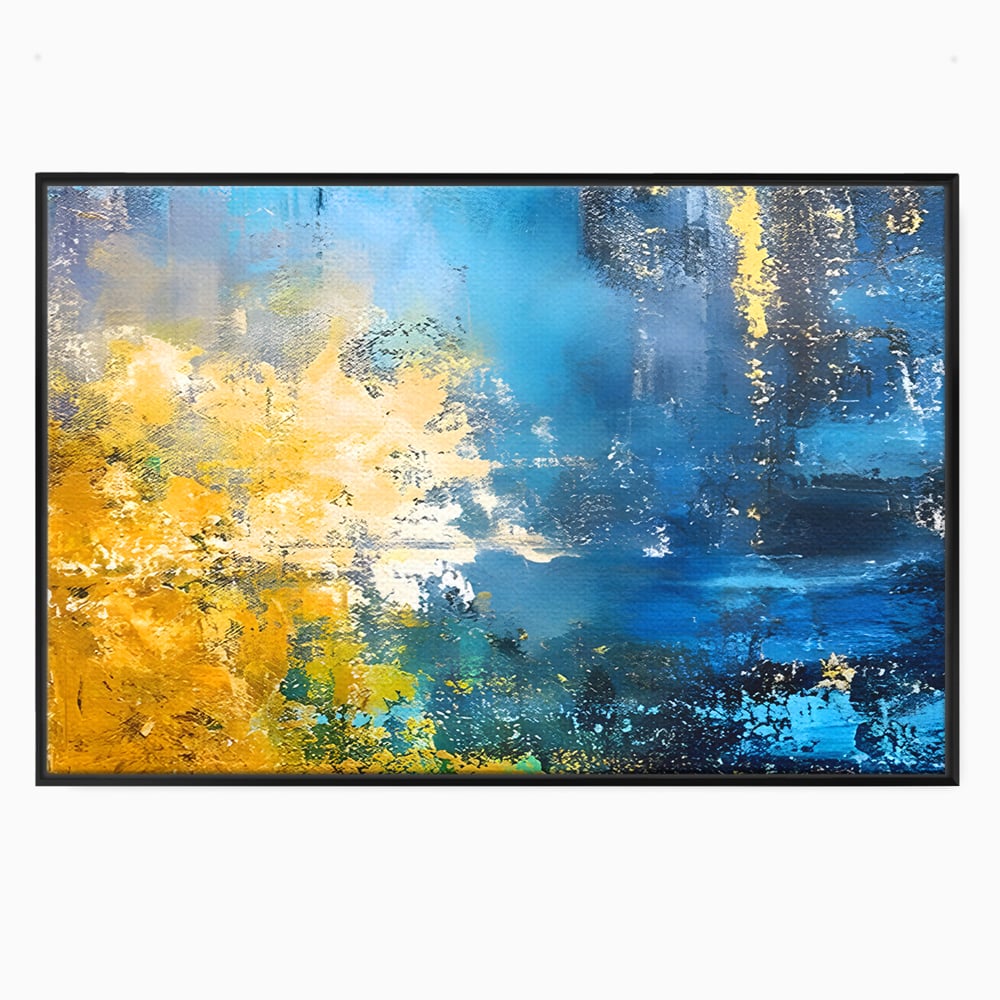 Tablou canvas cu pictura abstracta cu valuri aurii si albastre, in rama de aluminiu negru