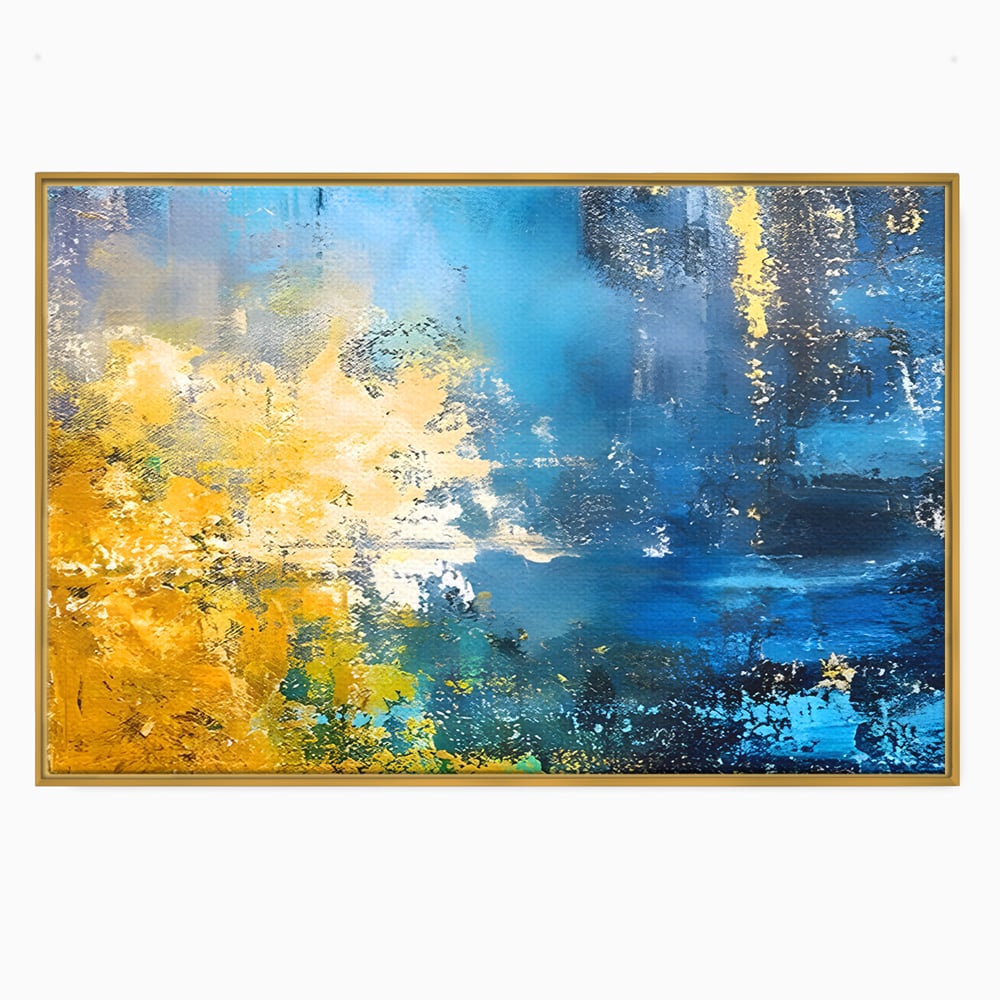 Tablou canvas cu pictura abstracta cu valuri aurii si albastre, in rama de aluminiu auriu