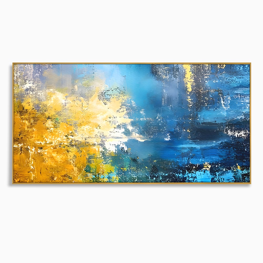 Tablou canvas cu pictura abstracta cu valuri aurii si albastre, in rama de aluminiu auriu