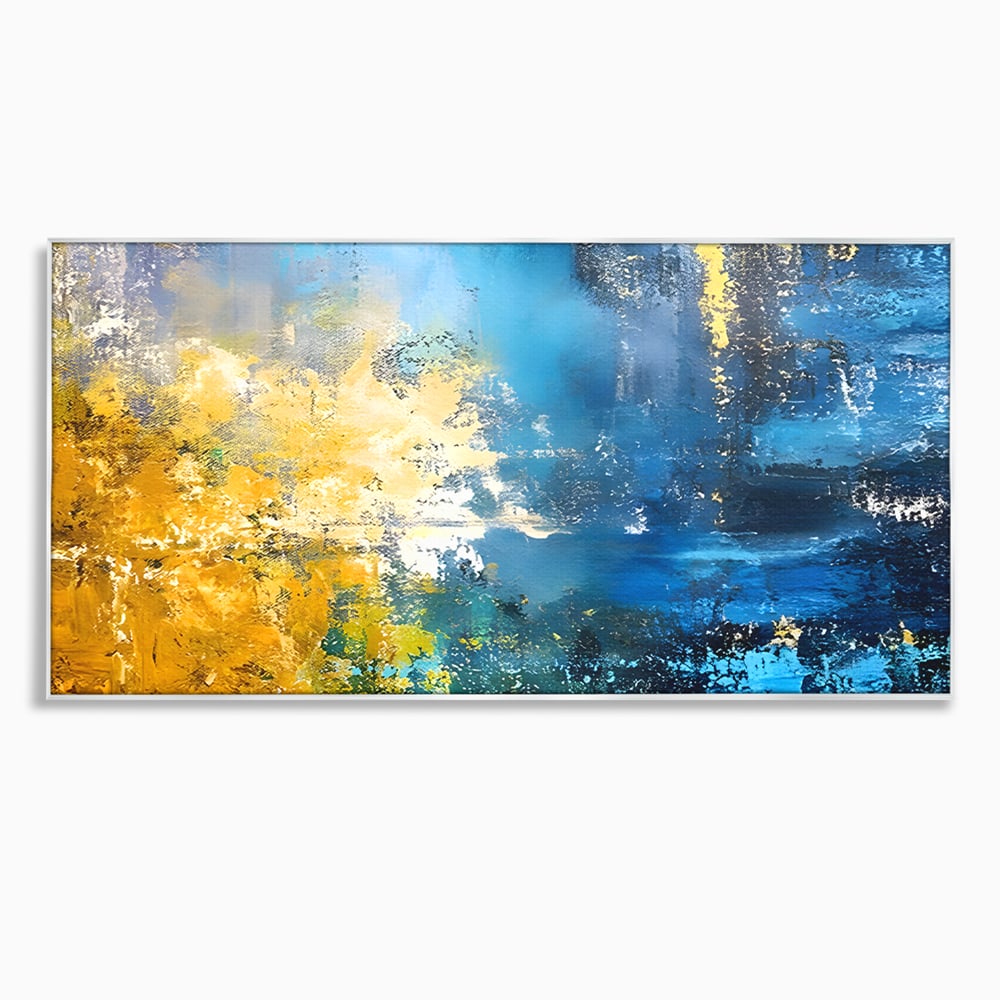 Tablou canvas cu pictura abstracta cu valuri aurii si albastre, in rama de aluminiu argintiu