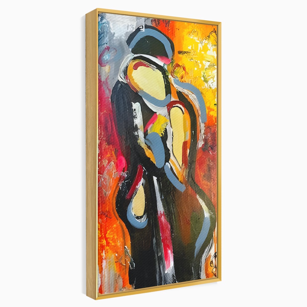 Tablou canvas cu pictura abstracta cu un cuplu imbratisat, in rama de aluminiu auriu