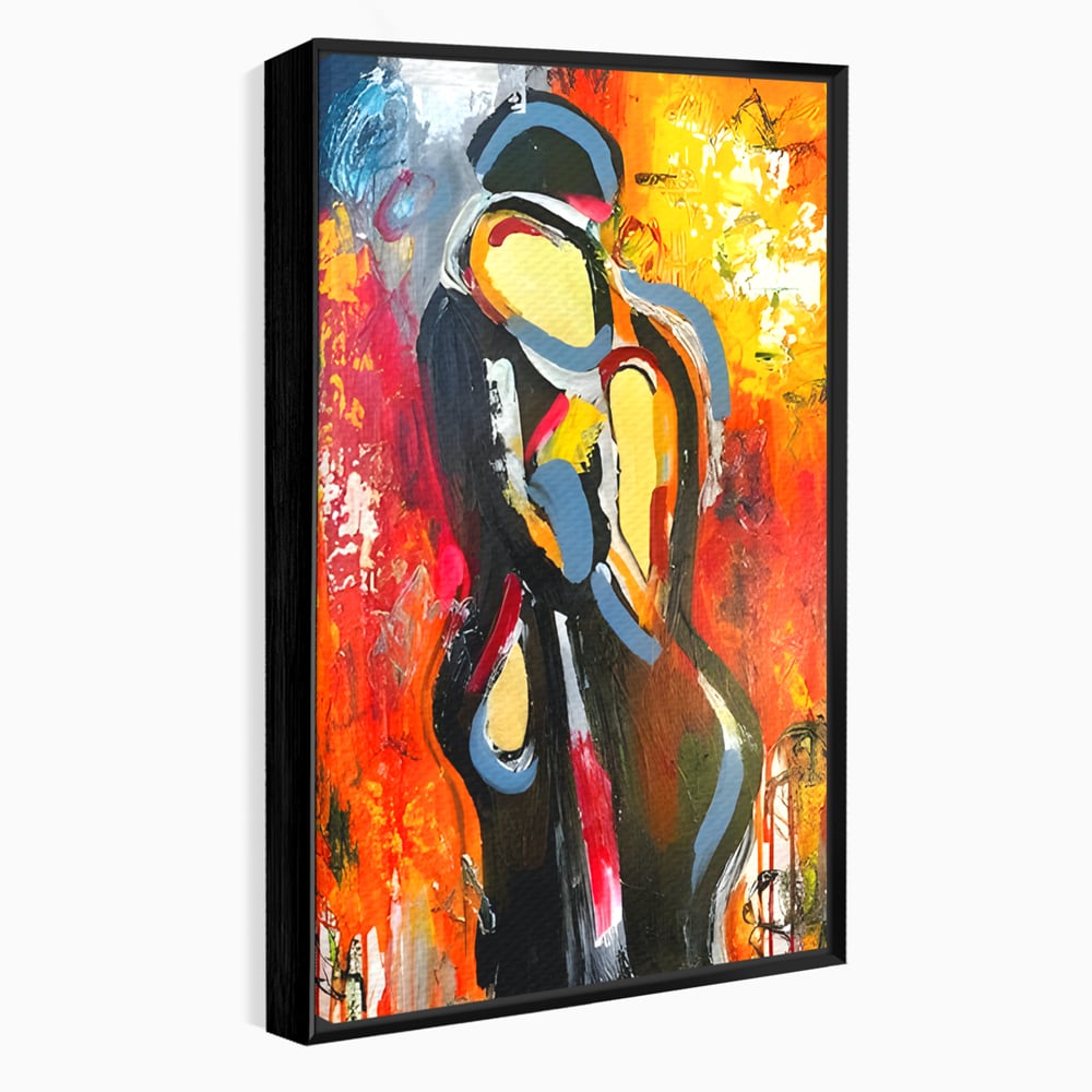Tablou canvas cu pictura abstracta cu un cuplu imbratisat, in rama de aluminiu negru