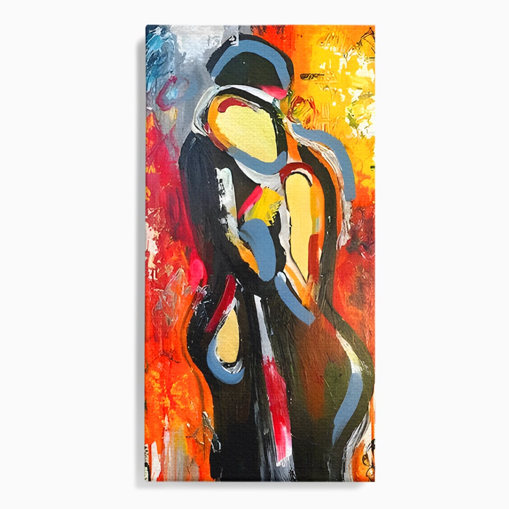 Tablou canvas cu pictura abstracta cu un cuplu imbratisat, fara rama, pe sasiu de lemn