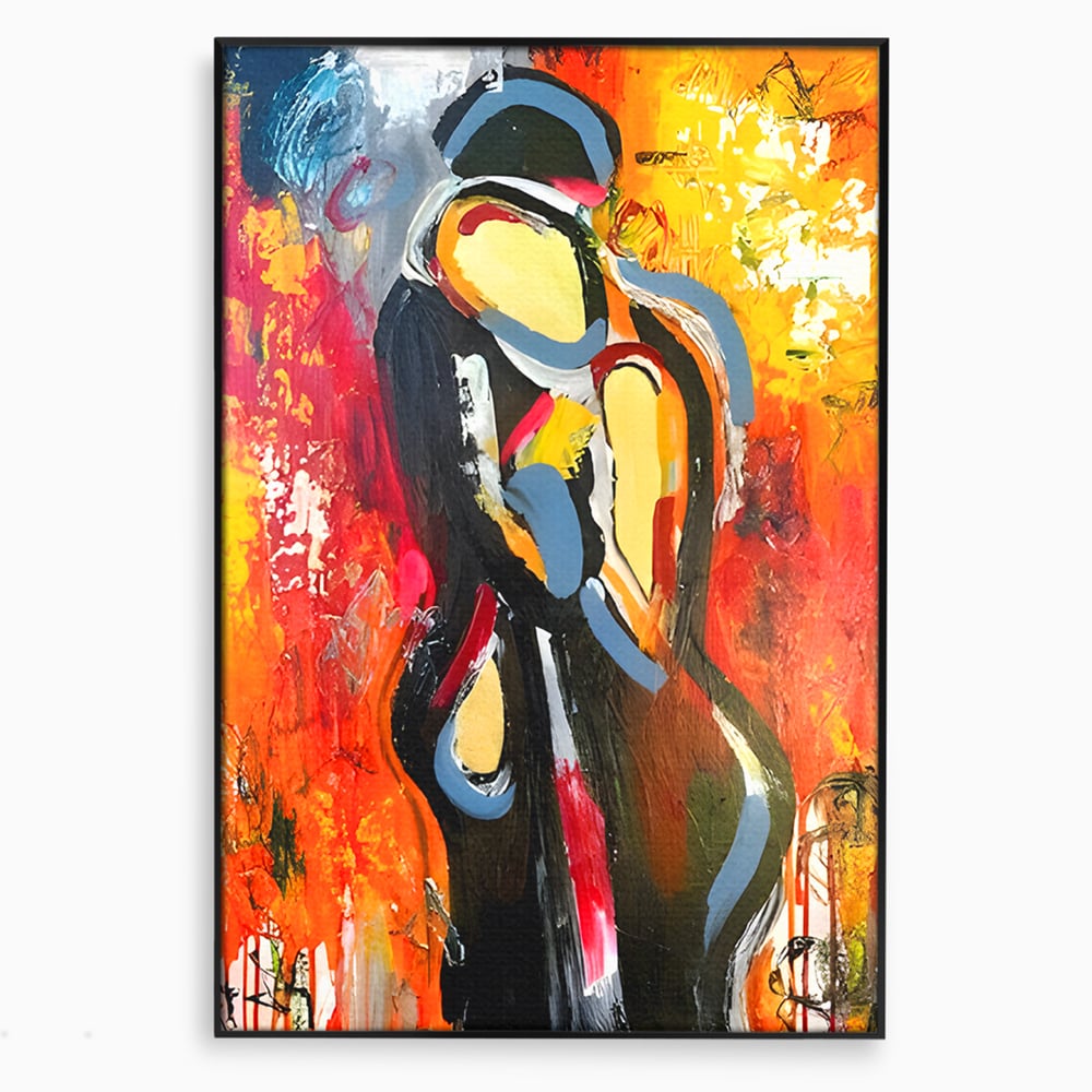 Tablou canvas cu pictura abstracta cu un cuplu imbratisat, in rama de aluminiu negru